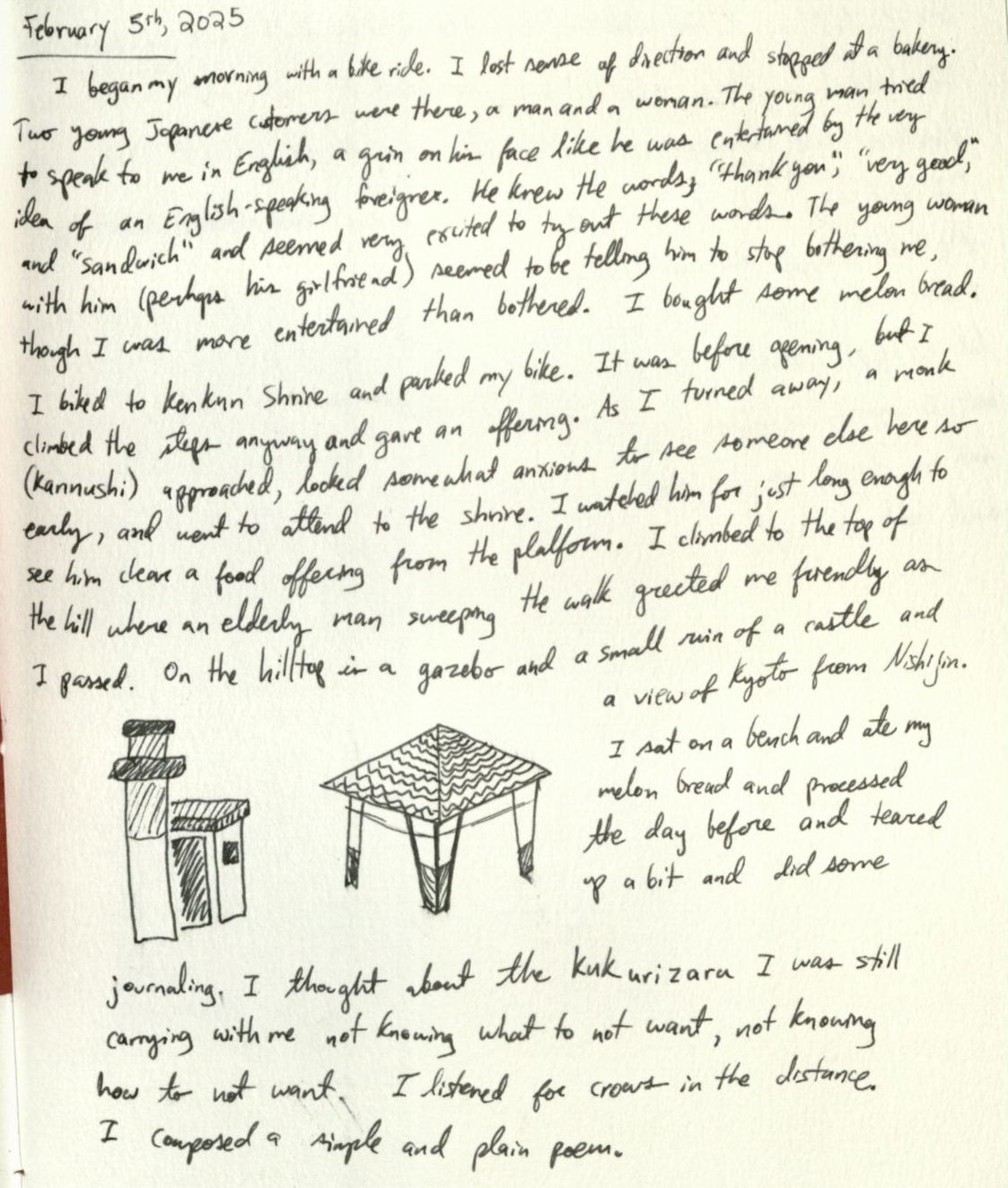 handwritten page with a drawing of a pavilion and a structure with a tower