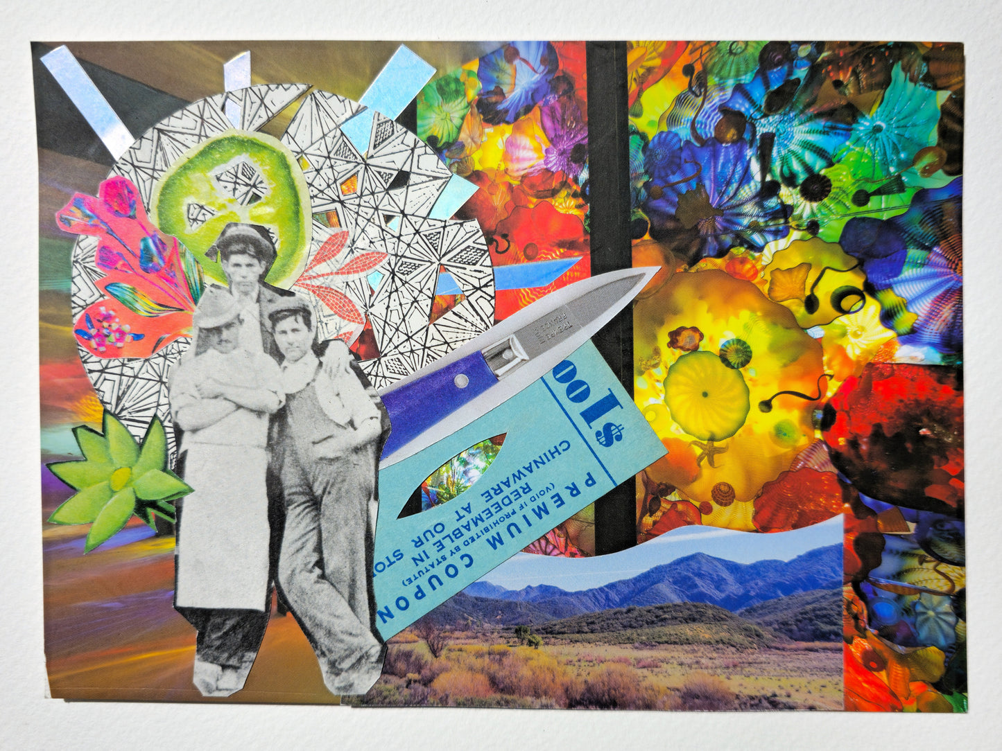 colorful collage of three men posed together in front of flowers, a jalapeño slice, mountains, cut glass, blown glass, and a knife