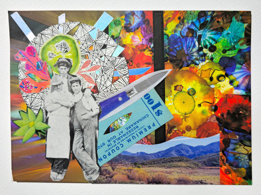 colorful collage of three men posed together in front of flowers, a jalapeño slice, mountains, cut glass, blown glass, and a knife